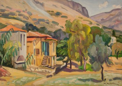 Chios, Ochre House, Trees, Mountains — Oil painting, Canvas, 40.00×65.00cm — Theodoros Markellos